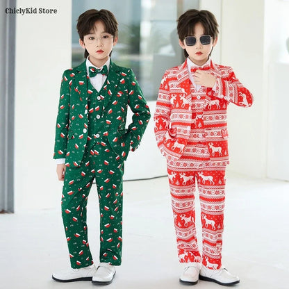 Boys Christmas Blazer Jacket Waistcoat Pants Wedding Suits Kids Morning Coat Formal Dress Children Tuxedos Toddler Clothes Sets