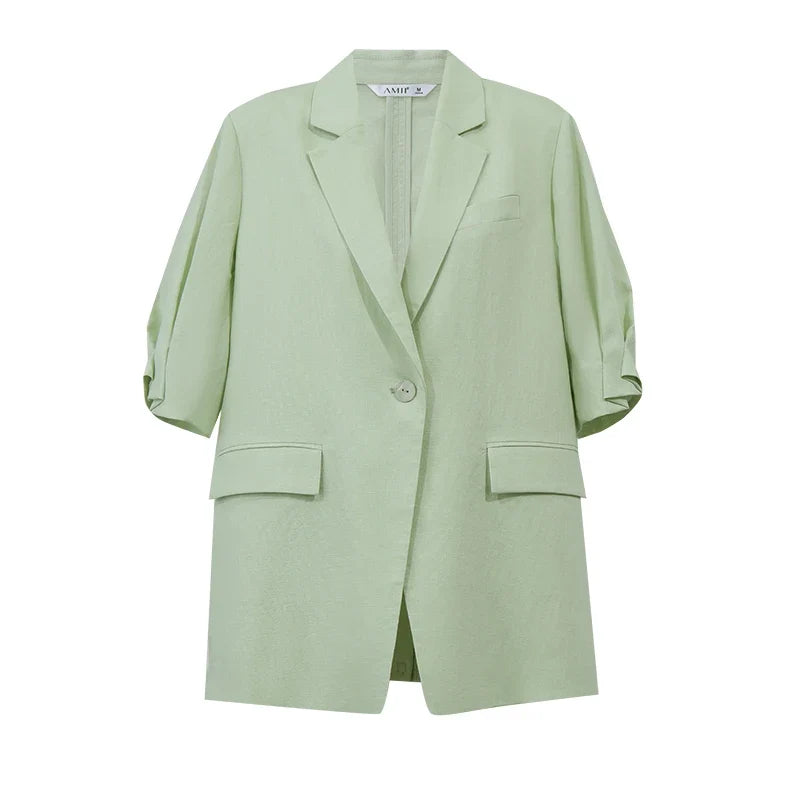 Women's Blazer 2026 Summer New Notch Lapel Linen Blend Pleated Half Sleeve Jacket Casual Office Midi Length Coat 12642184