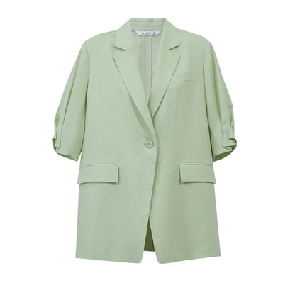 Women's Blazer 2026 Summer New Notch Lapel Linen Blend Pleated Half Sleeve Jacket Casual Office Midi Length Coat 12642184