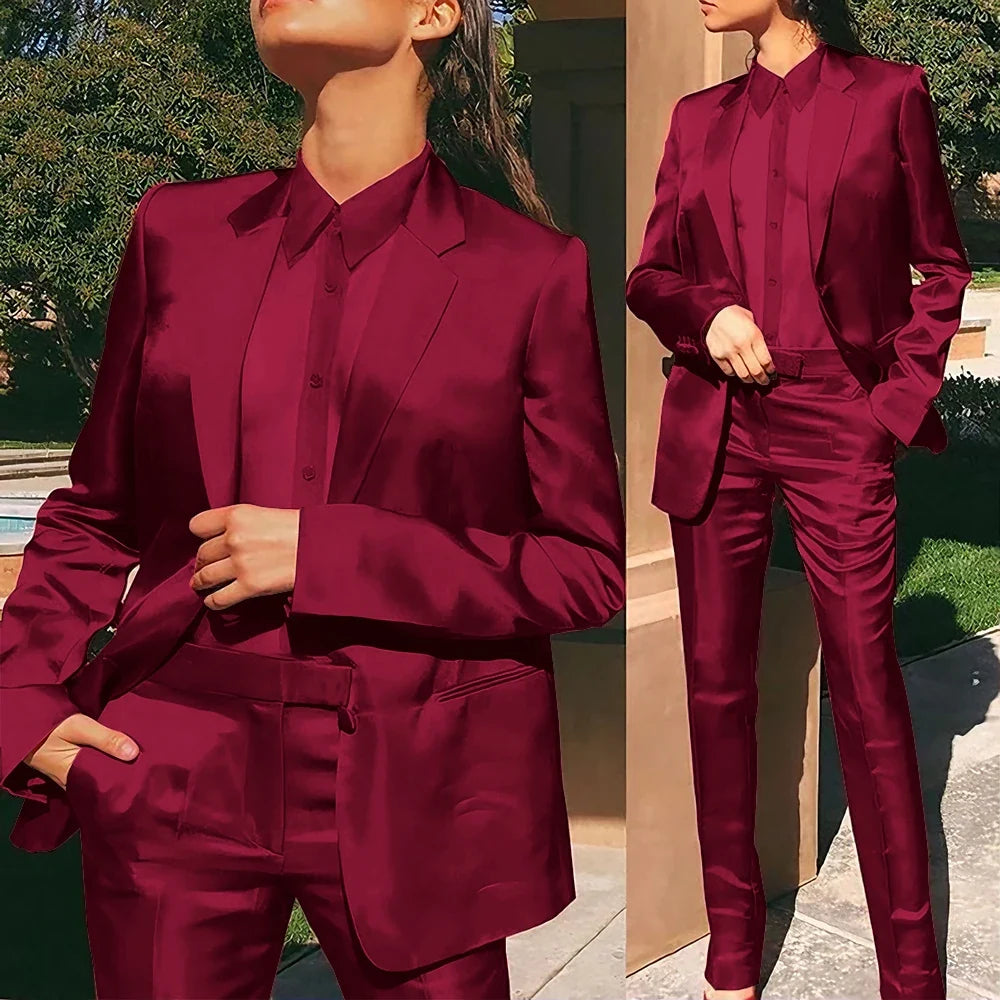 Women’s Red Satin Suit 2 Piece (Jacket+Pants) Set Gorgeous Single-breasted Blazer for Evening Party Formal Cocktail Streetwear
