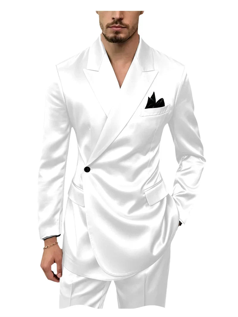 Men's 2 Piece Satin Suit Asymmetrical Wrap Peak Lapel Suit One Button Slim Fit Blazer Pants Wedding Formal Evening Luxury Outfit