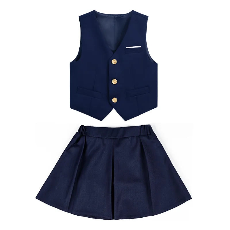 Boys Girls 4Pieces Suit Set Kids School Uniform With Vest Pants Shirts Tie Twins Birthday Piano Performance Costume