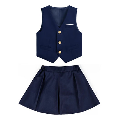 Boys Girls 4Pieces Suit Set Kids School Uniform With Vest Pants Shirts Tie Twins Birthday Piano Performance Costume
