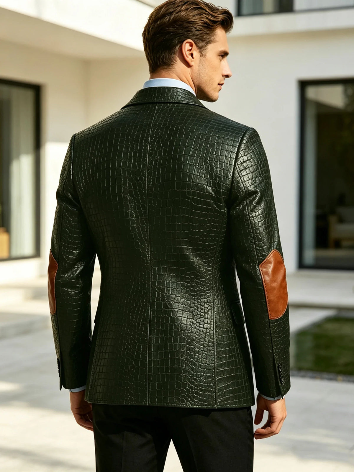 Men's Faux Leather Blazer  Crocodile Pattern Printed Sports Coat Jacket with Elbow Patch  For Party Prom Banquet Wedding Office
