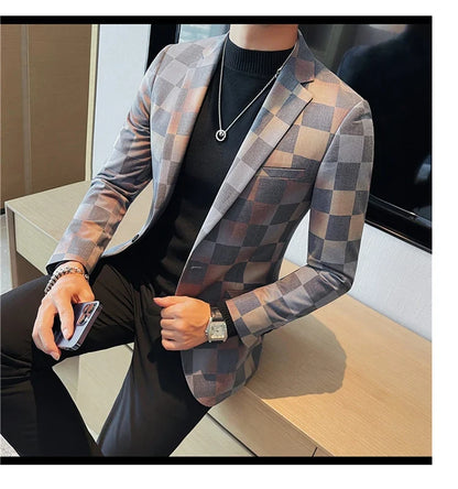 Brand Luxury Plaid Suit Jacket for Men 2023 Autumn Casual Blazer Masculino Fashion Slim Business Wedding Groom Social Dress Coat