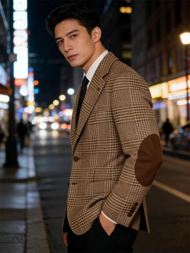 Retro British Plaid Men's Blazer with Elbow Patches Slim Fit Business Casual Tweed Suit Jacket for Office Daily Wear Sport Coats