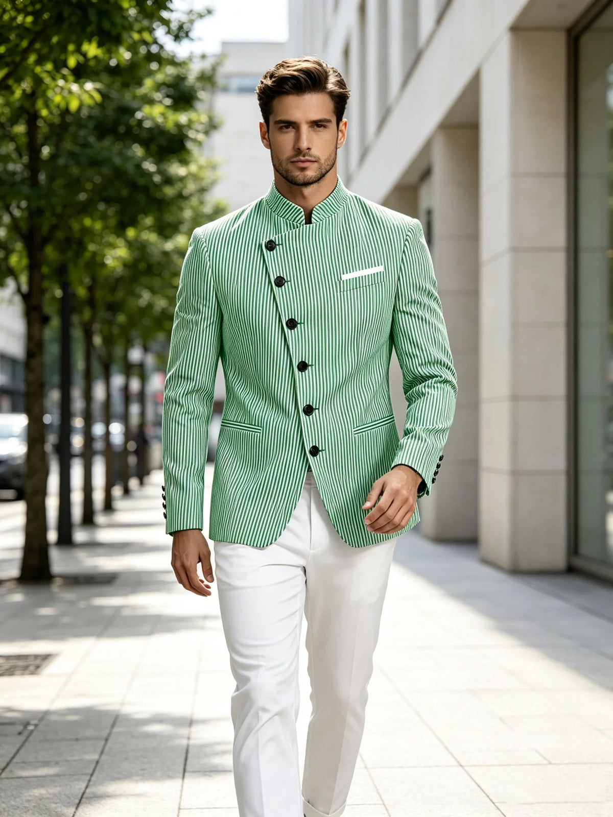 Men Mandarin Collar Suit Jacket Stand Collar Asymmetrical Single Breasted Men Blazer Slim Fit Business Formal Coat For Business
