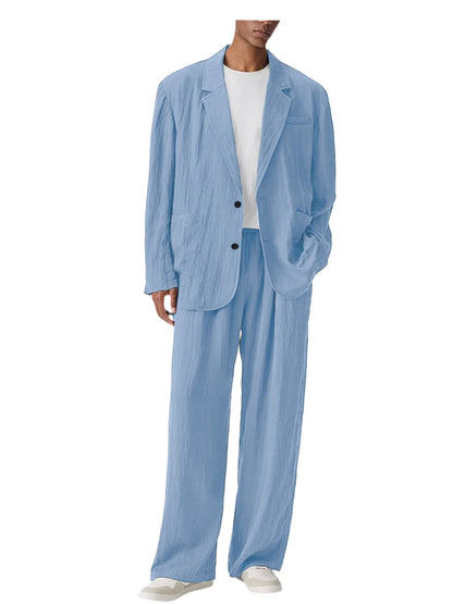 Men's Linen Blend Wrinkled Two Piece Suit Loose Two Button Blazer Wide Leg Trousers Casual Vacation Daily Soft Breathable Outfit