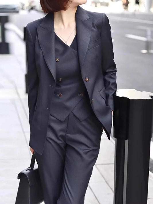 Formal Navy Blue Women 3 Piece Suit Single Breasted Peak Lapel Coat Vest Pants Custom Casual Party Prom Women Dress Pant Suits