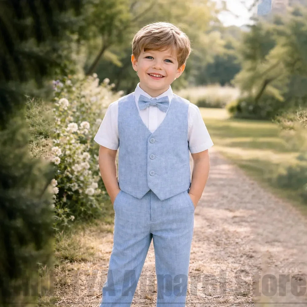 Chic Linen Boys Vest Pants Suit Summer Wedding Page Boy Outfit Fashion Birthday Formal Daily Casual Children's Suit 2 Piece