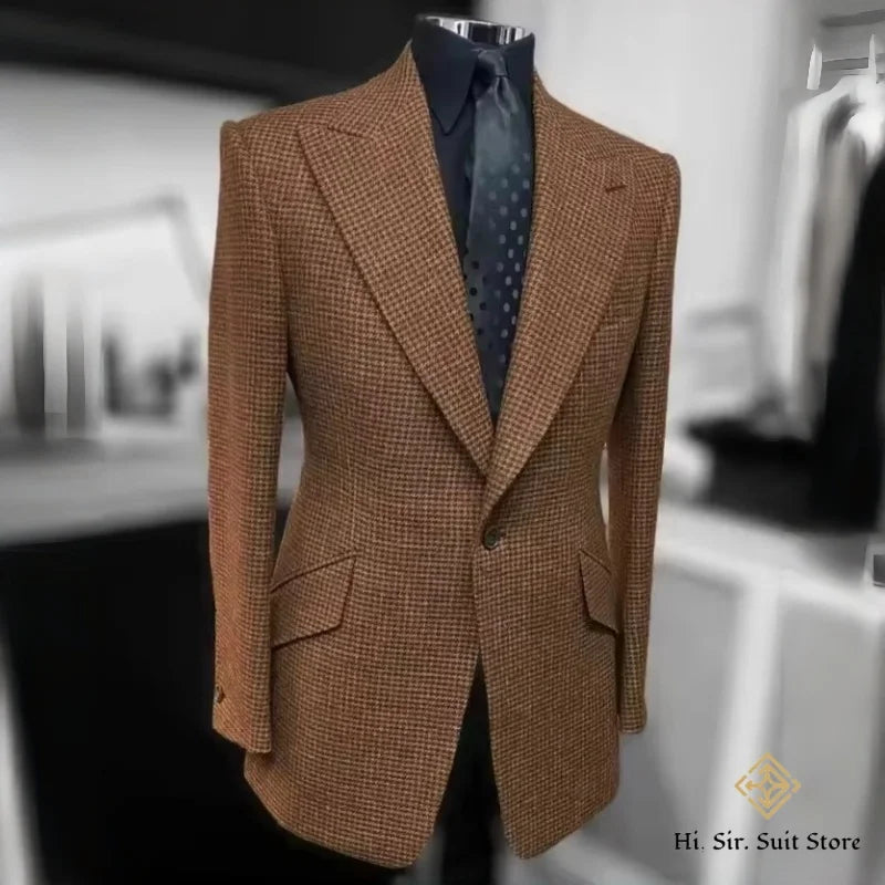 Houndstooth Blazer Men Slim Fit Plaid Suit Jacket Tuxedo One Button Peak Lapel Business Casual Wedding Prom Sport Coats Hot Sale
