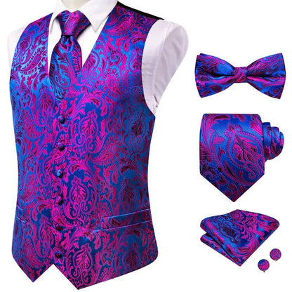 Men's Jacquard Waistcoat 5-Piece Set – Double Breasted Vest with Tie, Bow Tie, Pocket Square & Cufflinks for Weddings & Formal Events