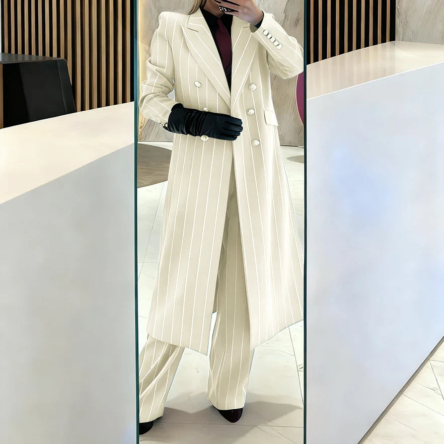 Burgundy Women's Suits Pinstripe Double Breasted Peaked Lapel Long Coat+Pants Set Elegant Formal Office Evening Party Outfit