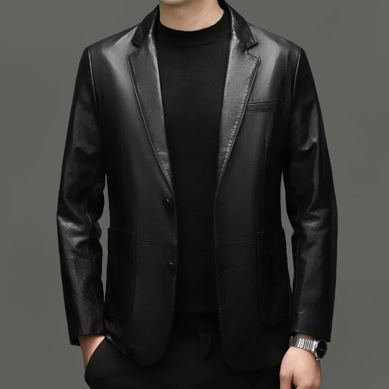 Men's Leather Jacket – Top-Grain Cowhide Business Casual Outerwear – Black