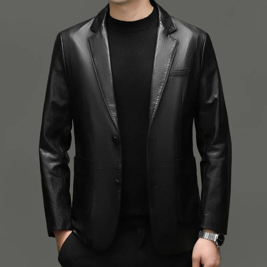 Men's Leather Jacket – Top-Grain Cowhide Business Casual Outerwear – Black