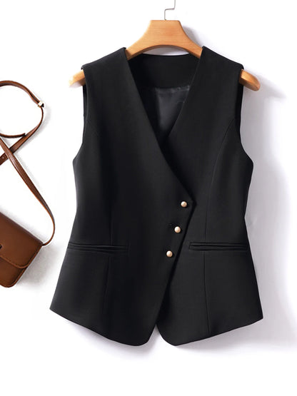 Black short V-neck slim fitting vest for women's spring and autumn jackets can be paired inside