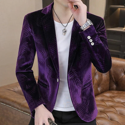 Blazer Men's Fashion Business Gentleman Groom Professional Gentleman Casual Velvet Bamboo Leaf Flower Dress High-end Blazer