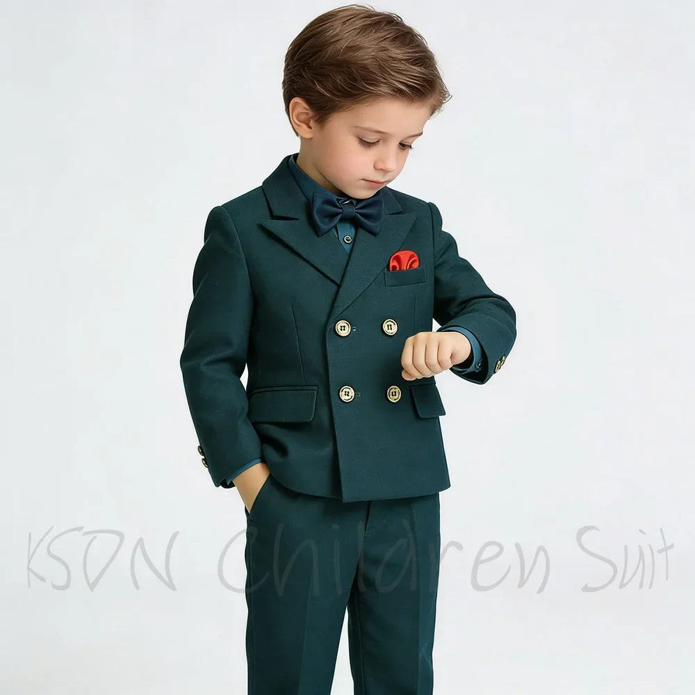 Dark Green Boy Suit Double Breasted Peak Lapel Regular  Fit Formal Kids Clothing Wedding Birthday Party Fashion Child Set