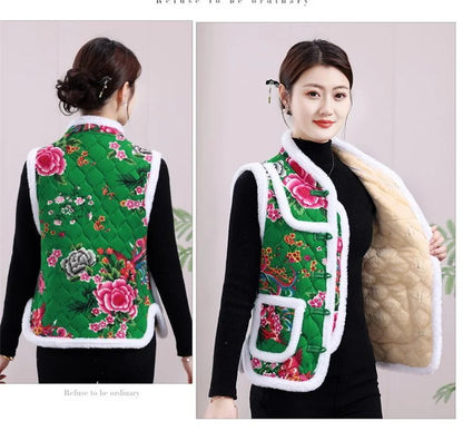 Middle-aged Mother Add Velvet Warm Vest Coat Autumn Winter New Printed Fleece Sleeveless Jacket Grandma Thicken Warm Waistcoat