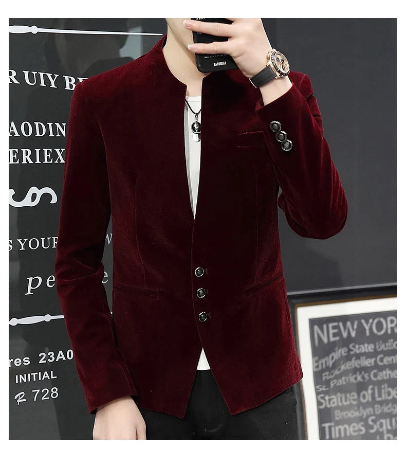 Slim Fit Velvet Yuan Collar Shirt Korean Style Fashion Trend Handsome Canary Boutique Coat New Version Small Yuan Collar Suit