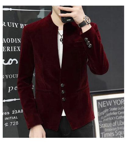 Slim Fit Velvet Yuan Collar Shirt Korean Style Fashion Trend Handsome Canary Boutique Coat New Version Small Yuan Collar Suit