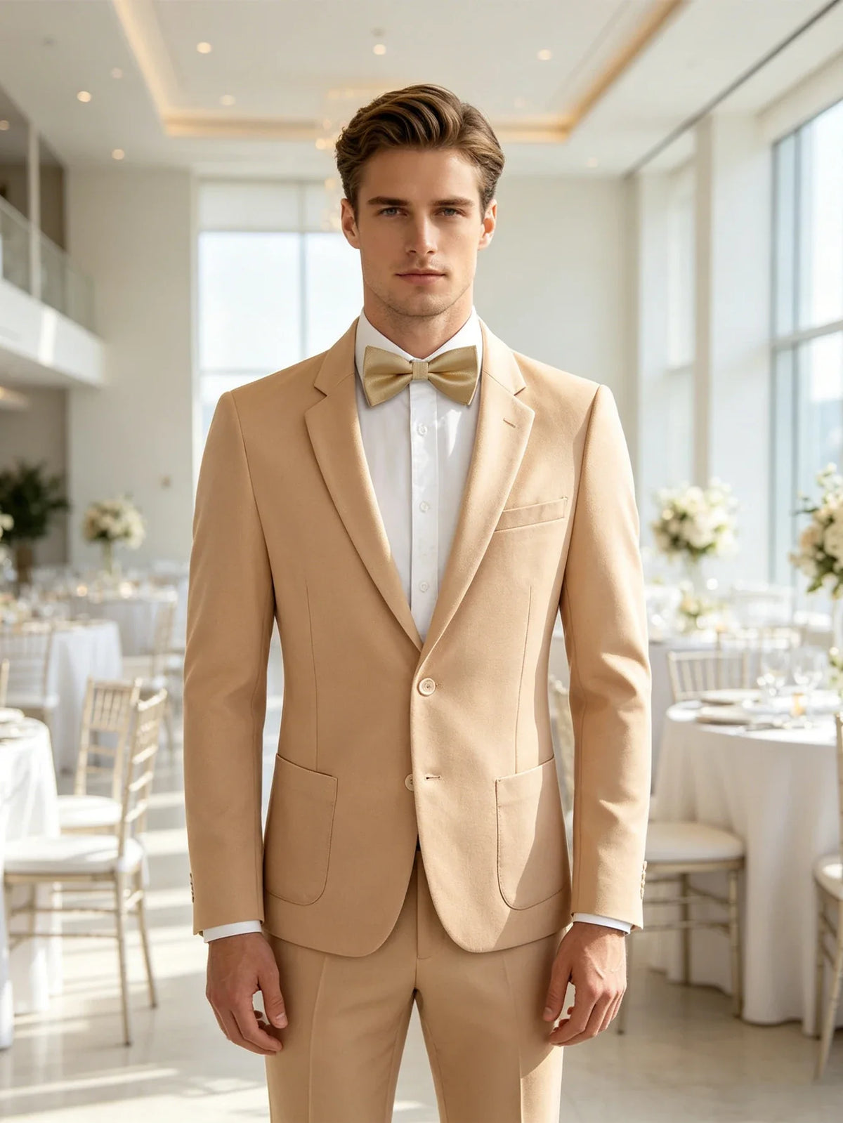 Khaki Solid Slim Fit Men Formal Blazer, Notch Collar Two Button Suit Jacket Wedding Ceremony Daily Banquet Outfit