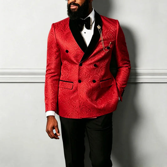 Men Suit Red Black 2 Pieces Floral Pattern Double Button For Wedding Birthday Banquet Party Business Work Office Jacket Pants