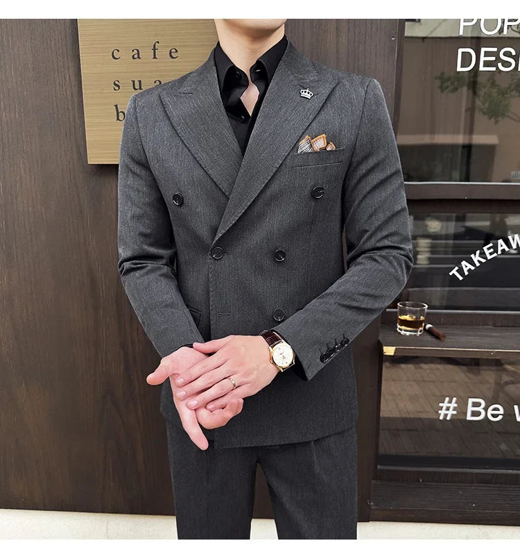 (Blazer + Trousers) Fashion Double Breasted Design Slim Men's Suit Italian Style Luxury Wedding Social Party Tuxedo 2 Piece Set