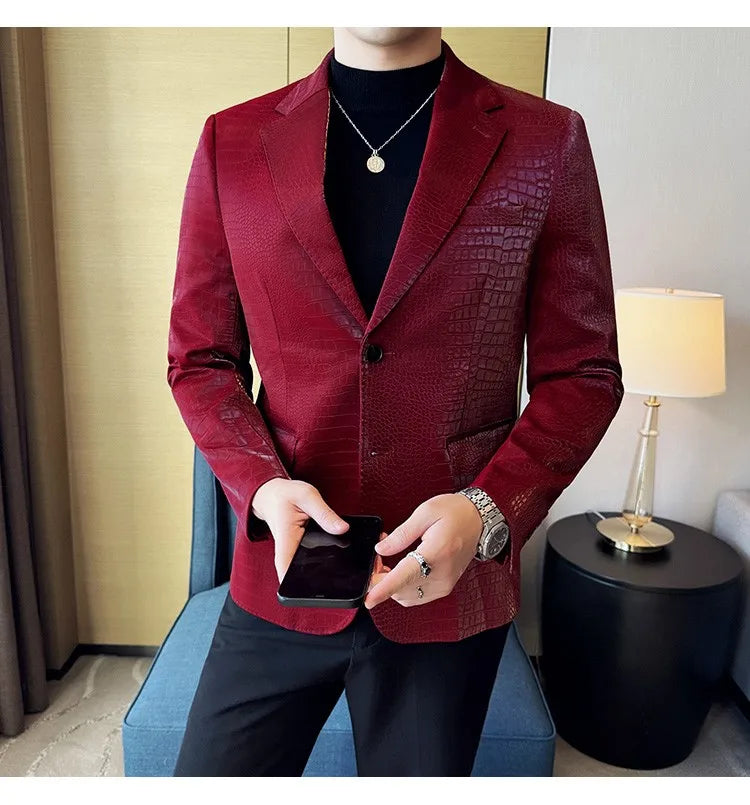 2026 Crocodile Patterned Leather Suit Jacket Men Slim Fit Business Casual Leather Jacket Wedding Groom Party Work Men Blazers