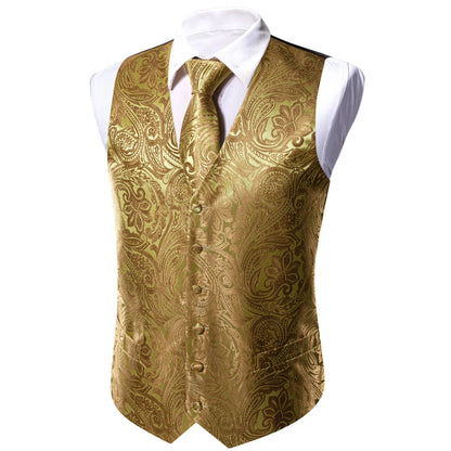 Men's Golden Floral Paisley V-Neck Vest Set – Tie, Pocket Square, Cufflinks & Ring for Weddings & Celebrations