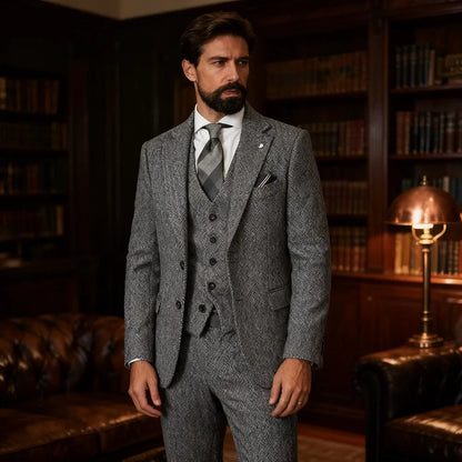 Men's Tweed Wool Slim Fit Formal 3-Piece Suit – Fishbone Weave, Wedding & Smoking Style