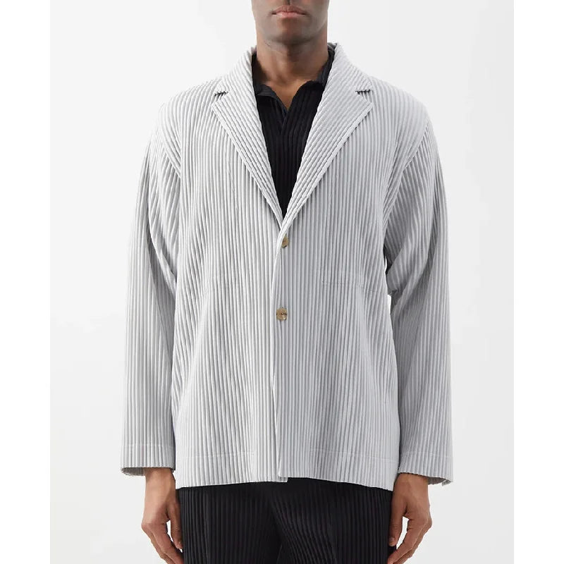 Men's Miyake Pleated Style Blazer Jacket Japanese Casual Stretch Slim Fit Business Office Fashion Luxury Wrinkle Resistant Coat