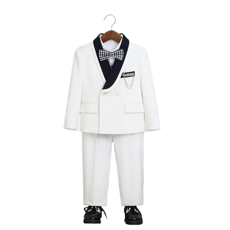 Kids 5Pieces Suit Set With Jacket Vest Pants Bowtie Brooch Boys Birthday Wedding Party Dress Children's Performance Costume