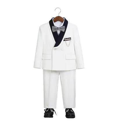 Kids 5Pieces Suit Set With Jacket Vest Pants Bowtie Brooch Boys Birthday Wedding Party Dress Children's Performance Costume