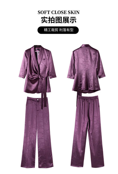 Designer Splicing Women Senior Luxurious Blazer Suit Pants Set Soft Satin Silk Office Lady Solid Coat Big Size Elegant Jacket