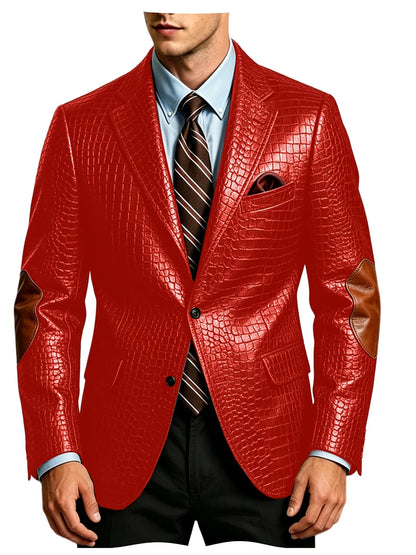 Men's Faux Leather Blazer  Crocodile Pattern Printed Sports Coat Jacket with Elbow Patch  For Party Prom Banquet Wedding Office