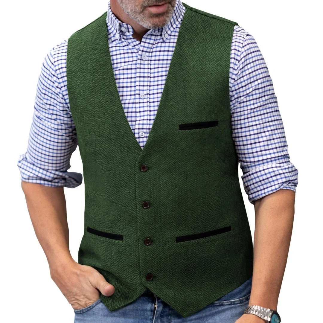 Men's Herringbone Tweed Vest Single Button V-Neck Waistcoat for Weddings and Formal Occasions
