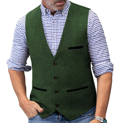 Men's Herringbone Tweed Vest Single Button V-Neck Waistcoat for Weddings and Formal Occasions