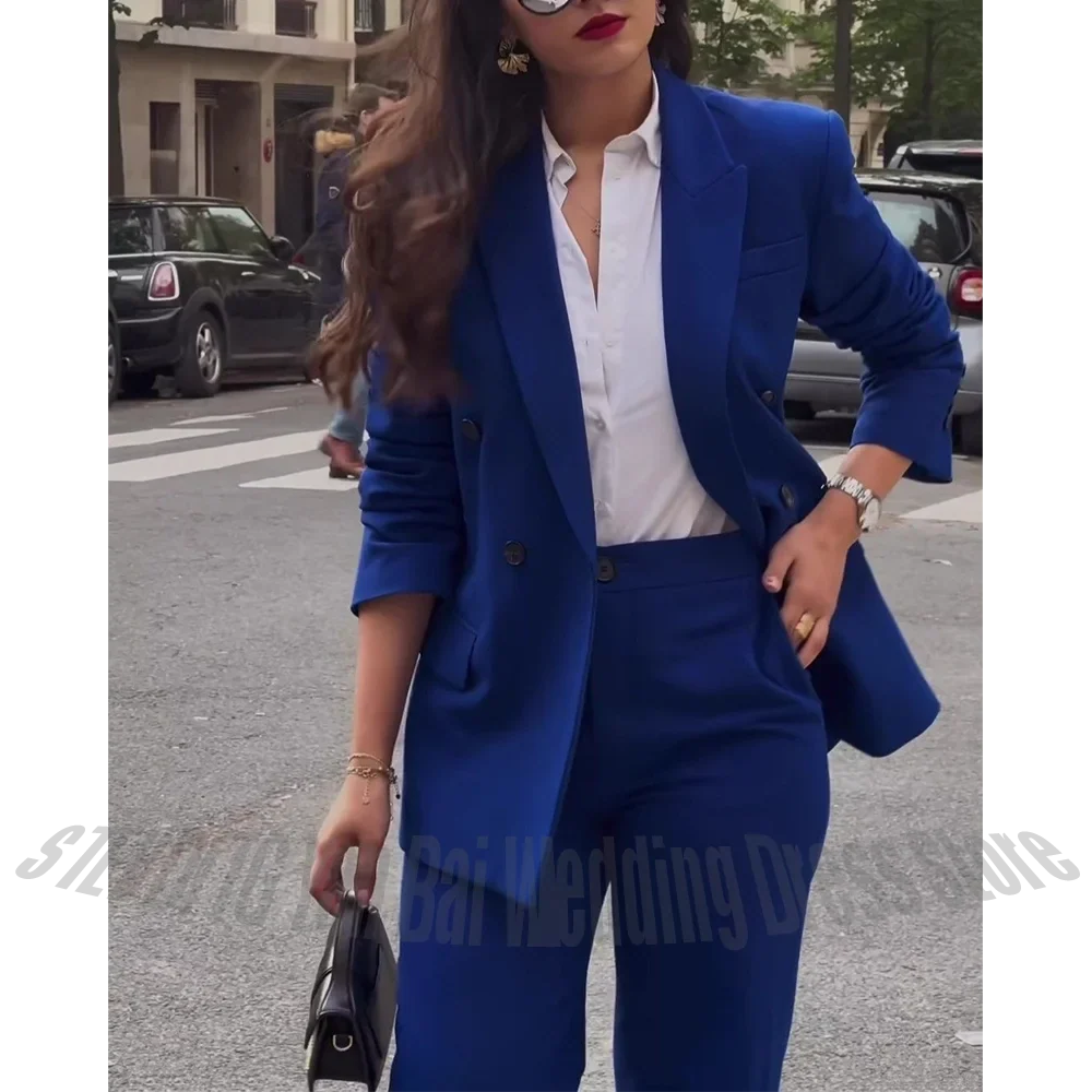 Women's Pants Suit Two Pieces(Jacket+Trousers) High Quality Double Breasted Casual Chic Tailored Straight Modern Lady Sets