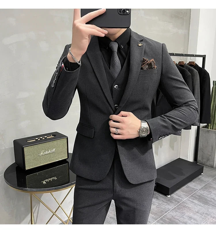 (Jacket +Vest+Pants) Plus Size 7XL-S Men Korean Slim Fit Groom Wedding Business Casual Tuxedo Mens Work Social Suit 3 Pieces
