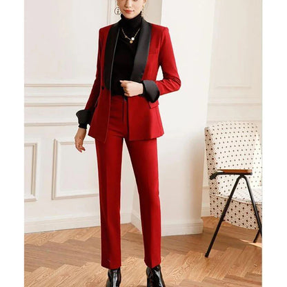 Fashion Red Women Pants Set High-end Two Button Black Collar Female Two Pieces(Blazer+Trousers)أطقم بناطيل