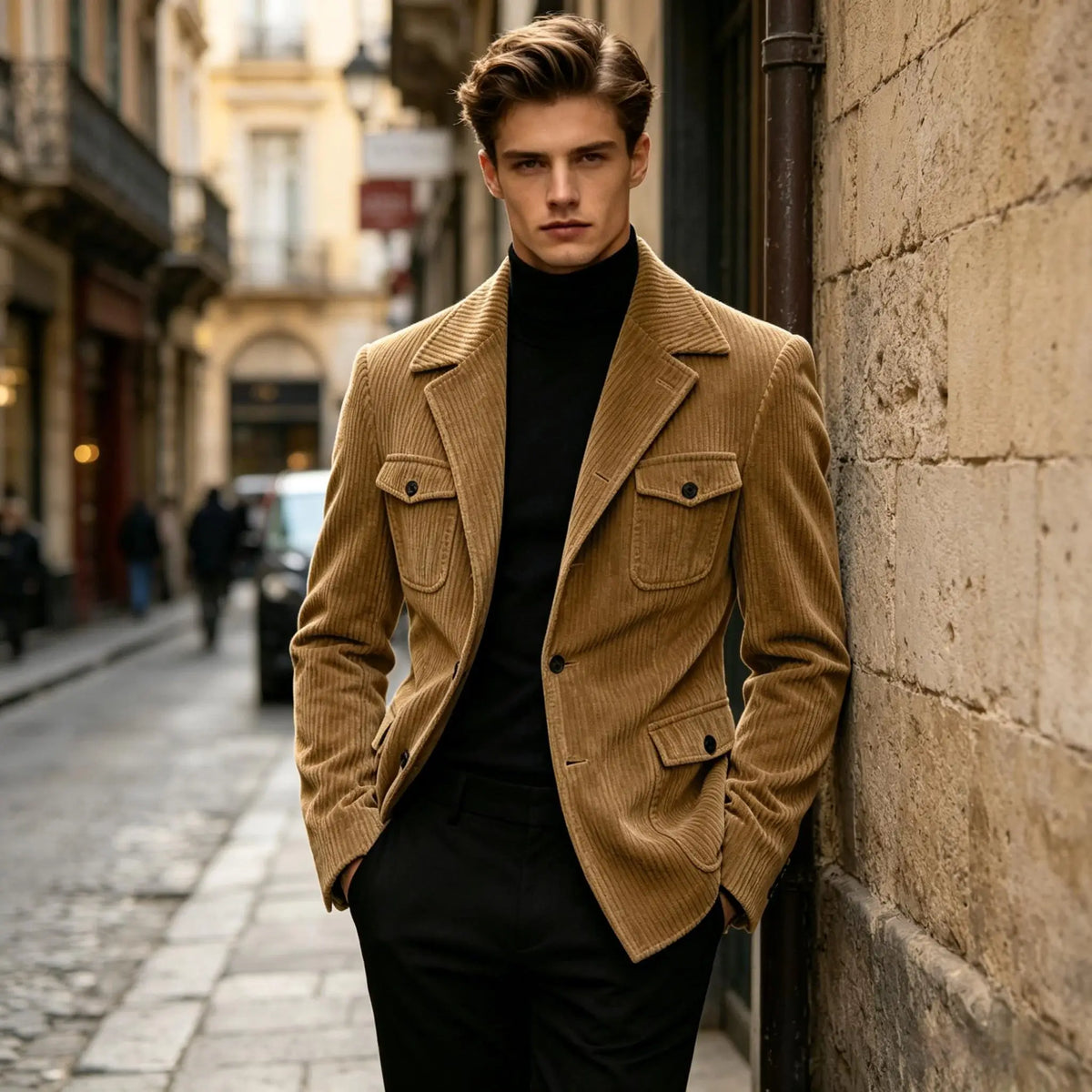 Men's Corduroy Blazer Jacket Slim Fit Notched Lapel Casual Business Coat With Four Flap Pockets For Daily Work Streetwear