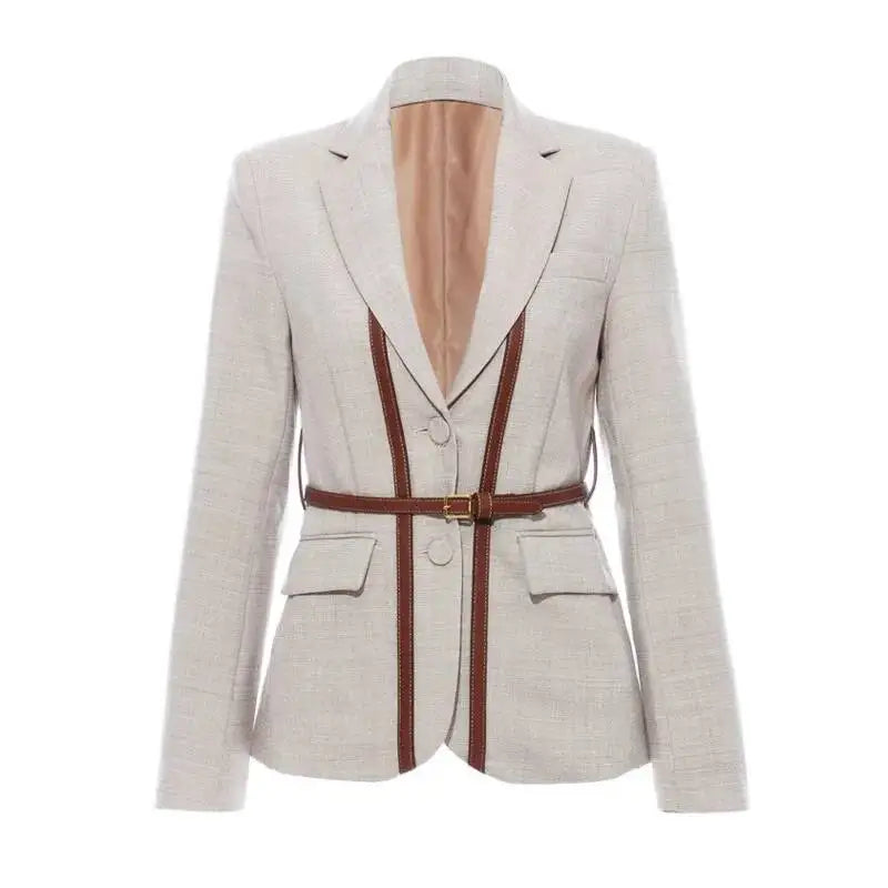 Women Blazer Contrast Color Spliced PU Leather Belted Slim Fit Single Breasted Elegant Urban High-end Jacket Spring HK10667