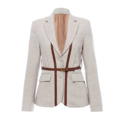 Women Blazer Contrast Color Spliced PU Leather Belted Slim Fit Single Breasted Elegant Urban High-end Jacket Spring HK10667
