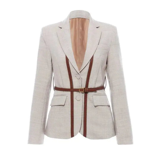 Women Blazer Contrast Color Spliced PU Leather Belted Slim Fit Single Breasted Elegant Urban High-end Jacket Spring HK10667