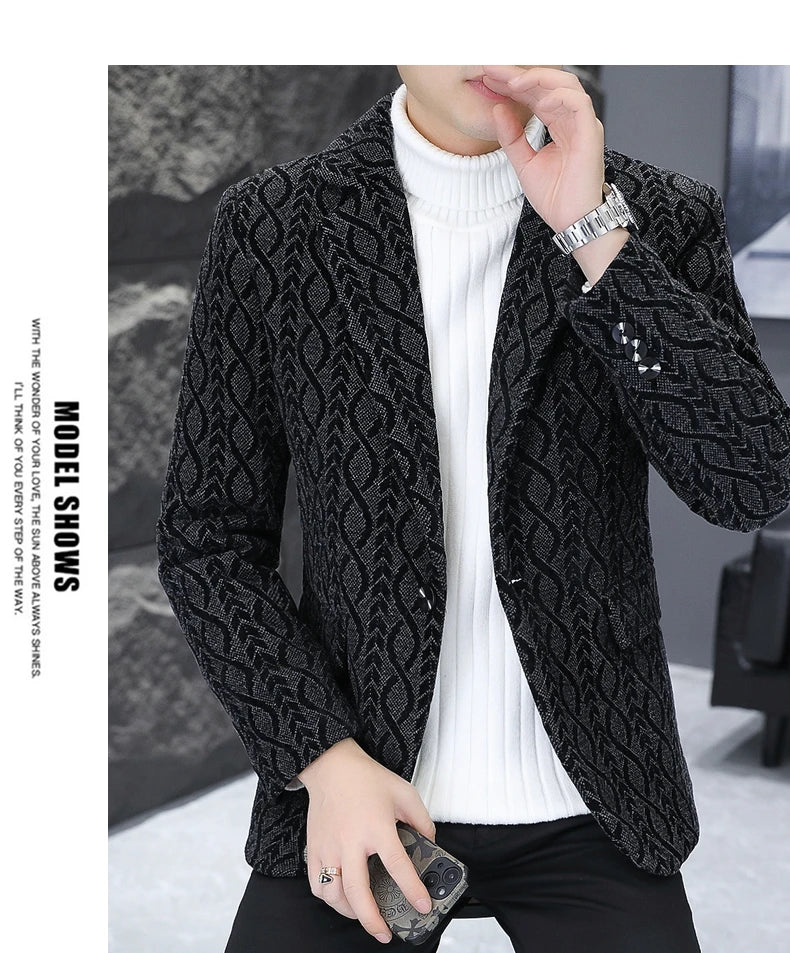 Blazer Autumn/Winter Golden Sable Velvet and Cotton Thickened Thermal Small Suit Fashion Business Men's Slim Blazer
