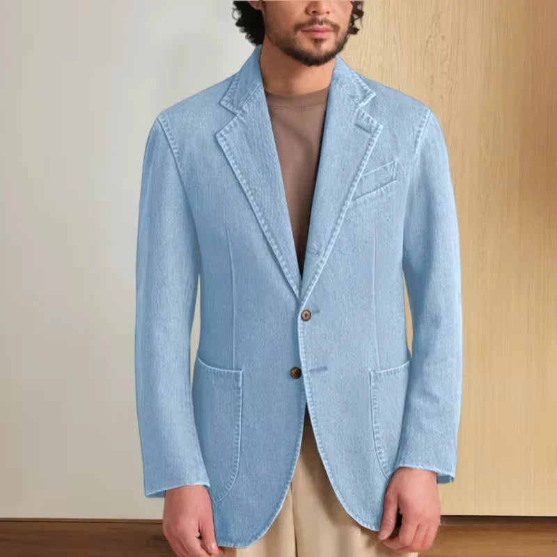 Men's Stretch Denim Blazer Classic Fit Notch Lapel 2 Button Suit Jacket Soft Breathable Business Casual Sport Coat For Spring