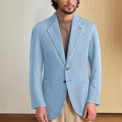 Men's Stretch Denim Blazer Classic Fit Notch Lapel 2 Button Suit Jacket Soft Breathable Business Casual Sport Coat For Spring
