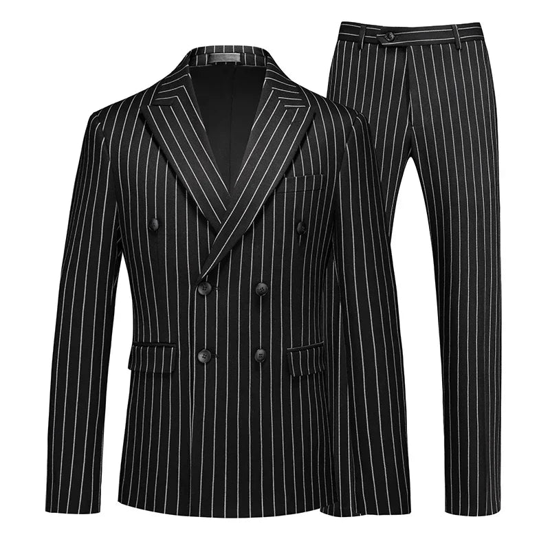 Fashion Men Double Breasted Striped Suit 2 Piece Black / Wine Red Homme Business Social Wedding Party Blazers and Trousers