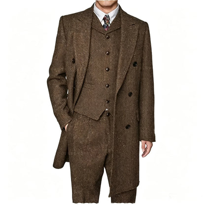Men Vintage Herringbone Tweed 3 Piece Suit Double Breasted Overcoat Vest Pants Wedding Busines British Style Wool Blend Suit Set